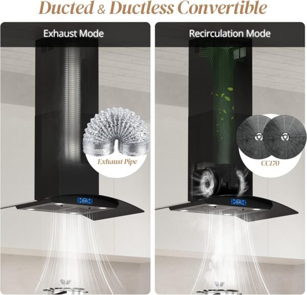 FIREGAS Black Island Range Hood 36 Inch, 700 CFM Ductless/Ducted Ceiling Mount Range Hood with 3 Speed Fan, Gesture, Remote & Touch Control, LED Light Vent Hood for Kitchen