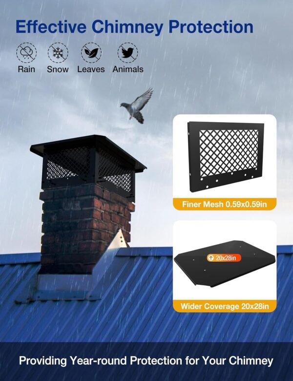 Chimney Cap, 14" x 22" Chimney Cover, Chimney Rain Caps, Adjustable Fireplace Chimney Caps for Outside to Fit Existing Clay Flue Tile Sizes, Black