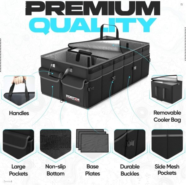 FORTEM Car Trunk Organizer with Cooler, Collapsible Multi Compartment SUV Organizer, Foldable Storage for Car Accessories for Women Men, 600D Oxford, Non Slip Bottom, Securing Straps Soft Cover (105L)