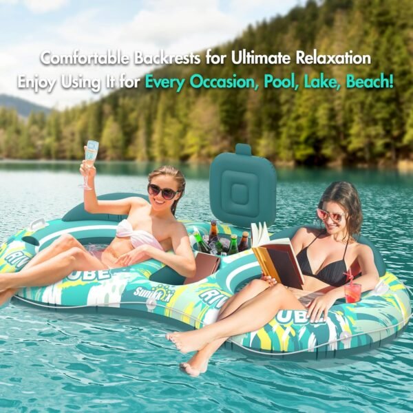 5-in-1 Pool Floats Adult Heavy Duty River Tube, 2 Person Water Lounge Pool Tube Float with Backrests, Built in Cooler, Cup Holders, Deluxe Pool Tube for Summer Relaxation
