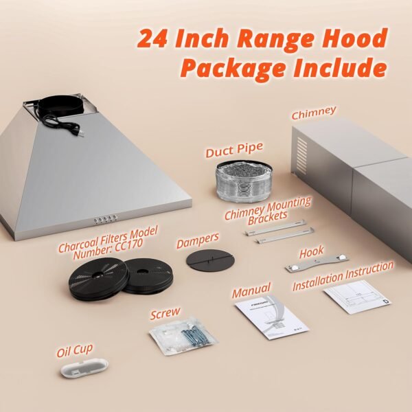 FIREGAS Range Hood 24 inch, 600 CFM Kitchen Hood with Ducted/Ductless Convertible Duct, Stainless Steel Chimney-Style Over Stove Vent Hood with LED Light, 3 Speed Exhaust Fan, 2 Charcoal Filters