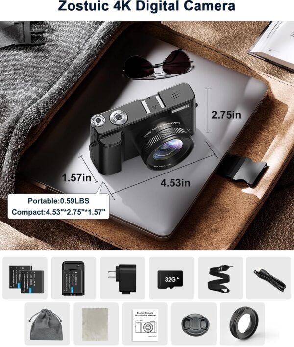 4K Digital Camera for Photography and Video, Autofocus Anti-Shake 48MP Vlogging Camera for YouTube, 3'' 180°Flip Screen Camera with Flash 16X Zoom, Digital Camera with 32GB Card Battery Charger Black