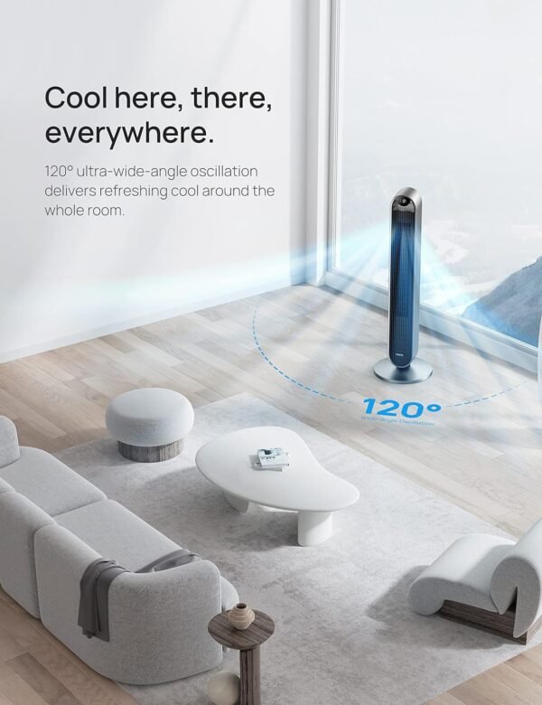 Dreo Tower Fan for Bedroom, 42 Inch 120° Oscillating Fan, 25dB Quiet DC Motor, 27ft/s Velocity Bladeless Standing Fan with 12 Speeds, 4 Modes, 12H Timer Cooling Fans for Home, Living Room, Pilot Max S