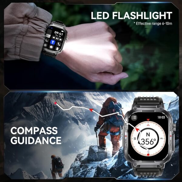 Military Smart Watch for Men 3ATM Waterproof with Call/LED Flashlight 2.02" HD Big Screen Rugged Tactical Smartwatch with Compass Fitness Tracker with HR/SPO2/Blood Pressure Monitor for iPhone Android