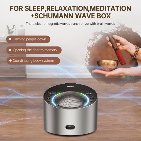 Schumann Wave Box is a Component Combined with ANWOON Sleep Sound Machine to Use, has a Generator Gives electromagnetic Wave of Theta, Calming People Down and Relieving Their Anxiety.