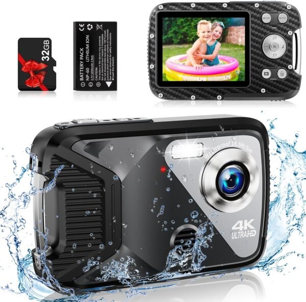 4K Waterproof Digital Camera with 32GB Card Underwater Digital Camera for Kids Point and Shoot Camera for Teens Students Boys Girls