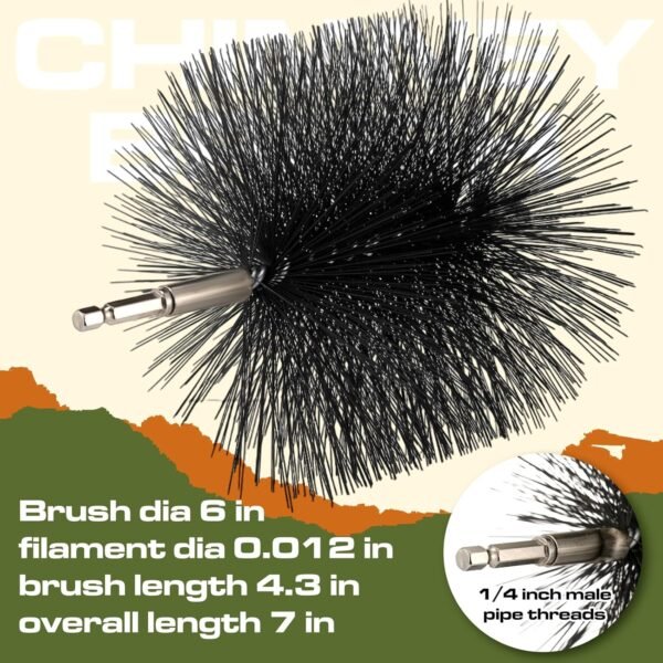 Wire Chimney Cleaning Brush with 1/4" NPT Fitting and 12 Rods, 6 Inch Round Steel Chimney Cleaning Brush and 16 Inch Fiberglass Chimney Rods for Cleaning Chimney Hearth Fireplace