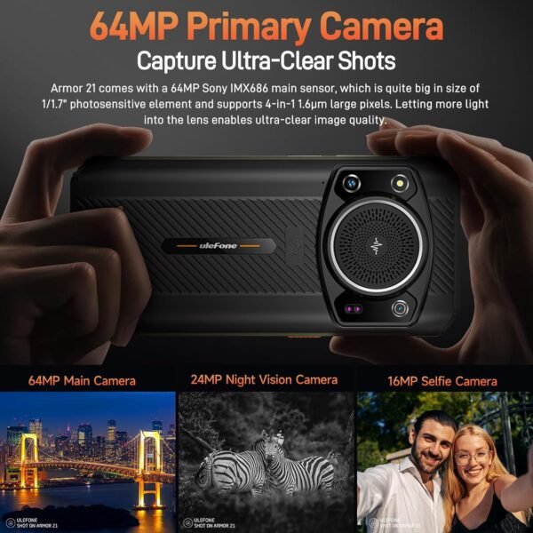 Ulefone Armor 21 Android 14 Unlocked Rugged Phone, 122dB Loudest Speaker, MTK G99 16GB + 256GB Outdoor Rugged Smartphone,64MP Main Cam + 24MP Night Vision Cam, 6.58" FHD+, 9600mAh, IP68 Dual SIM