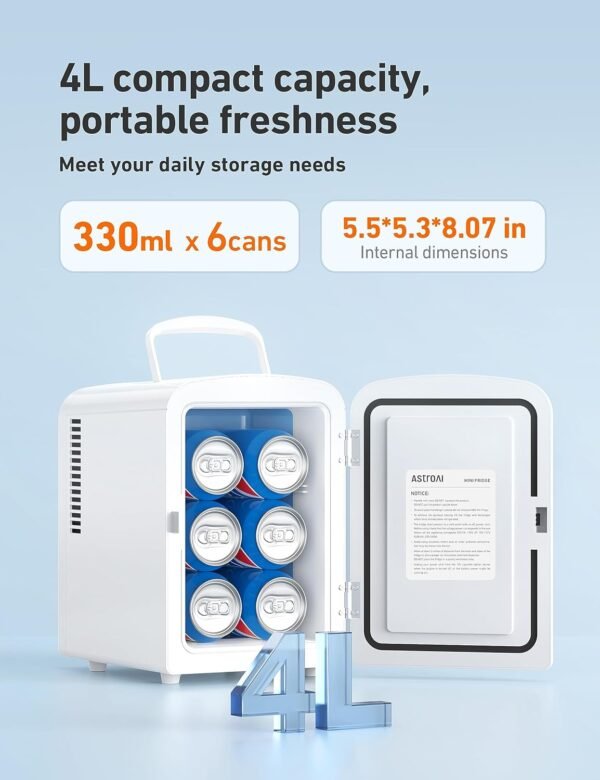 AstroAI Mini Fridge, 4 Liter/6 Can AC/DC Portable Thermoelectric Cooler Refrigerators for Skincare, Beverage, Home, Office and Car, ETL Listed (White