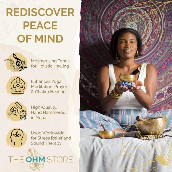 Ohm Store Tibetan Singing Bowl Set — Meditation Sound Bath Bowl and Wooden Striker with Lokta Gift Box — Hand Hammered Nepali Instrument for Yoga, Chakra Healing and Stress Relief