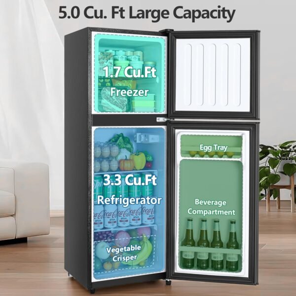 5 Cu Ft Fridge, Refrigerator with Freezer, 2 Doors Apartment Size Fridge, Energy-efficient, 5 Settings Temperature Adjustable, for Kitchen, Office, Dorm