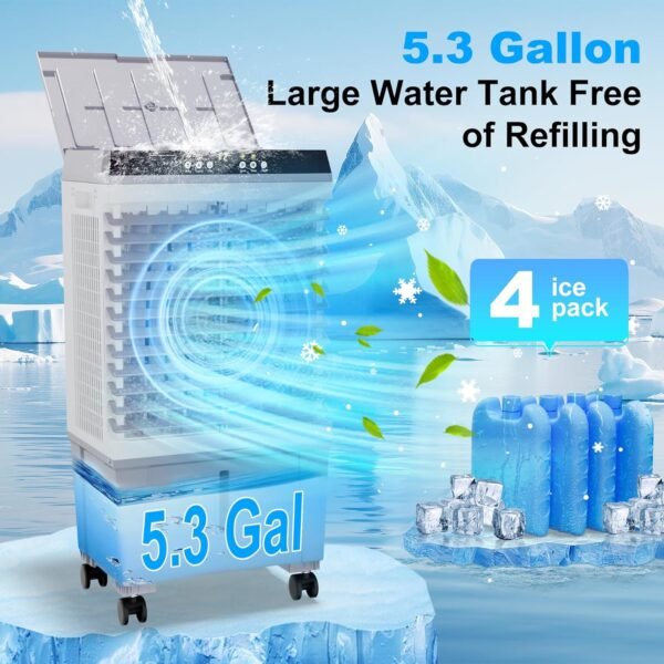 Swamp Cooler Air Conditioner, Evaporative Air Cooler with 5.3 Gallon Water Tank, 4 Ice Box, Remote, 12H Timer, 120°Oscillation, Portable Cooling Fan with 3 Speeds for Bedroom Home Office