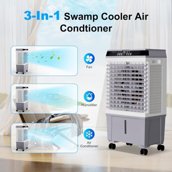 Swamp Cooler Air Conditioner, Evaporative Air Cooler with 5.3 Gallon Water Tank, 4 Ice Box, Remote, 12H Timer, 120°Oscillation, Portable Cooling Fan with 3 Speeds for Bedroom Home Office