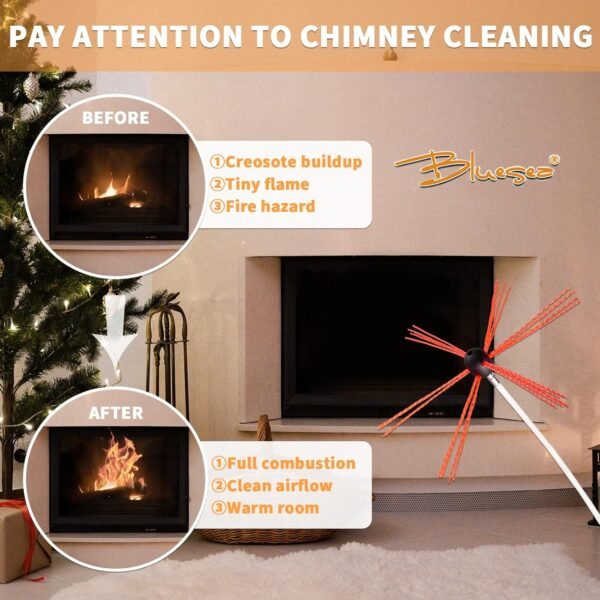 Bluesea 16 Feet Chimney Sweep Kit, Ergonomic Chimney Cleaning System with Strong Brush, Extends Up to 16 Feet, Includes 5 Flexible Chimney Rods