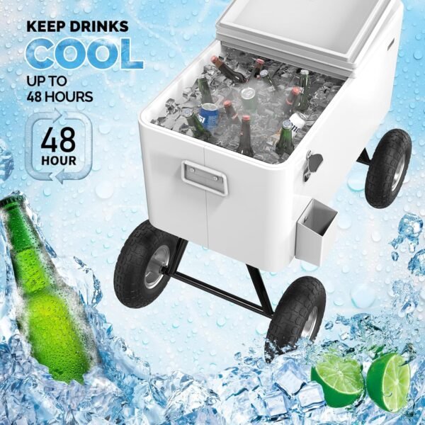 VINGLI 80 Quart Wagon Rolling Cooler Ice Chest, w/Long Handle and 10" Wheels, Portable Beach Patio Party Bar Cold Drink Beverage, Outdoor Park Cart on Wheels