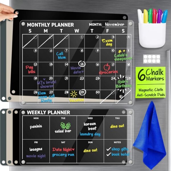 Acrylic Fridge Calendar - Magnetic Calendar for Refrigerator - 2pc Family Refrigerator Magnetic Dry Erase Planning Board Monthly Weekly Daily - 6 Liquid Chalk Markers & 3 Interchangeable Backgrounds