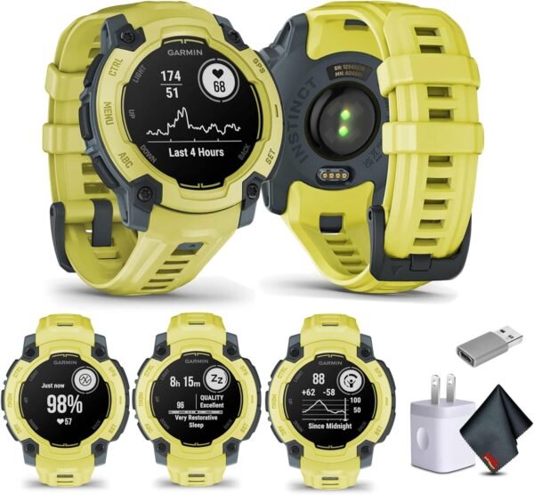 Garmin Instinct E 45mm, Outdoor GPS Smartwatch, 24/7 Health Monitoring, Up to 16 Days of Battery Life, Electric Lime (010-02933-01) Health, Fitness and Tactical Smart Watch Bundle for Men and Women