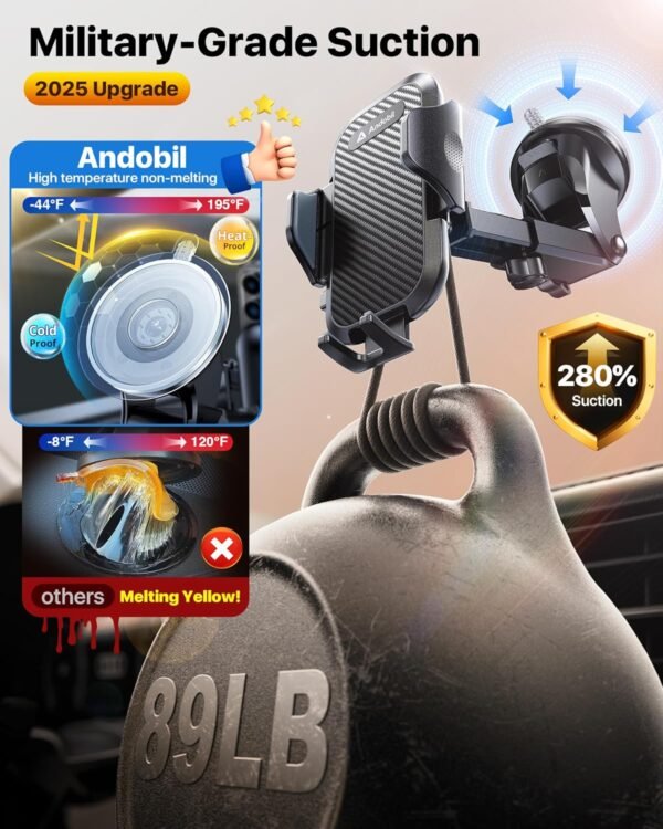 andobil Car Phone Mount (89+LBS Strongest Suction) Safe Cert Cell Phone Holders for Your Car Dashboard Windshield Vent Truck, Car Phone Holder Mount for iPhone 16 15 14 13 Pro Max Samsung S25 S24 S23