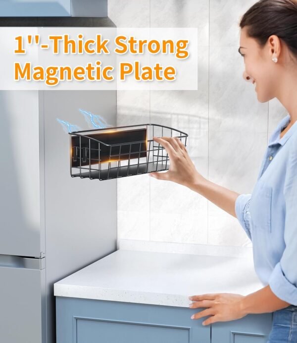 2-Pack Magnetic Spice Rack for Refrigerator, Versatile Magnetic Shelf Organizer with 2 Hooks for Kitchen Storage, Large Capacity Spice Rack for Fridge, Oven, or Cabinet - Black