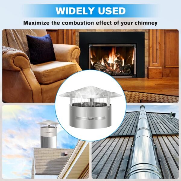8 Inch Round Chimney Cap with Screen, Tapered Top Roof Rain Chimney Cover for Outside,Adjustable Fireplace Stove Pipe Topper, Stainless Steel