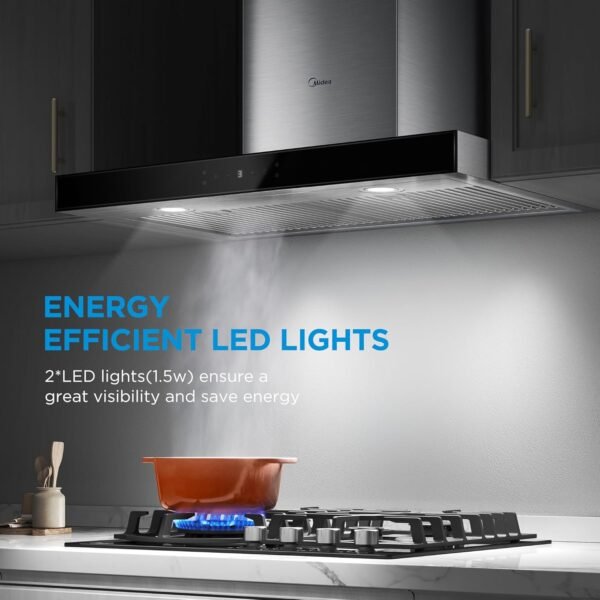 Midea MVT30W9AST Range 30 Inch 450CFM Vent T Shape Stove Hood with 5-Layer Aluminum Permanent Filters Kitchen Exhaust Fan, Ductless Convertible, 3 Speed, Stainless Steel