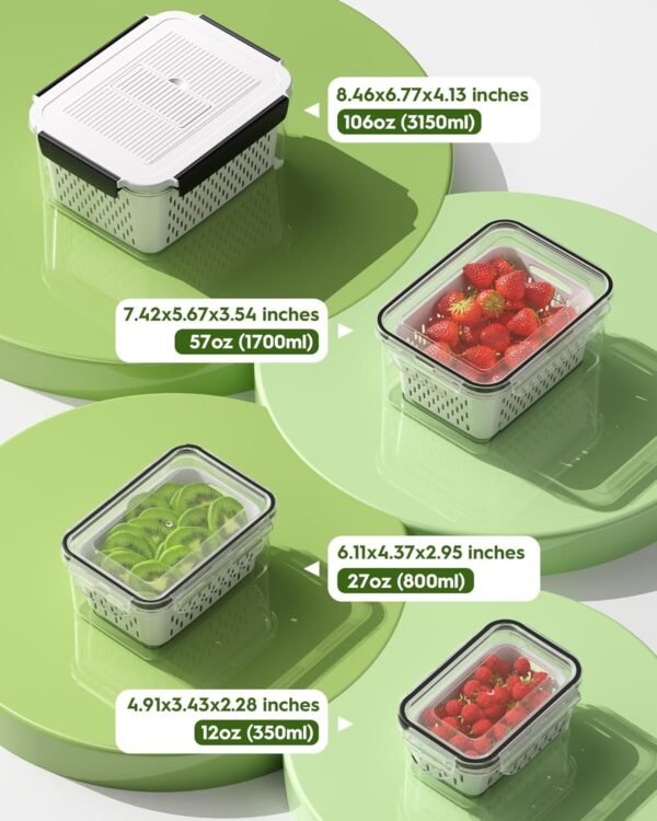 4 Pcs Fruit Storage Containers for Fridge with Vegetable Chopper Set & Removable Colander, Airtight Food Storage Containers with Mandoline Slicer, Dishwasher & Microwave Safe