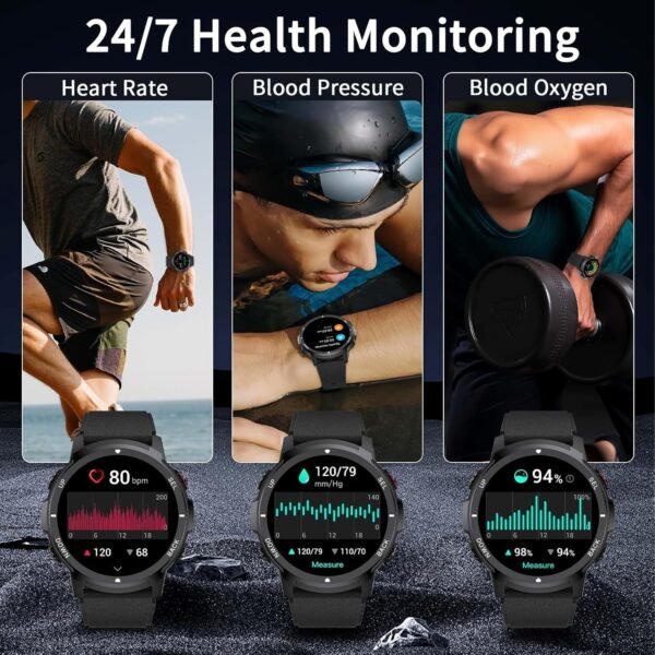 Smart Watches for Men with 4 Buttons, 1.43'' AMOLED Fitness Watch with Heart Rate/BP/Sleep Tracker, Pedometer, 110+ Sport Modes, Password, 5ATM Military Smart Watch for Android iOS