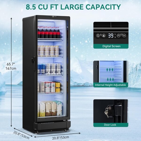 YITAHOME 8.5 CU.FT. Commercial Beverage Display Refrigerator with Single One Glass Door, Drink Beer Fridge Cooler for Office Garage Bar Gym with Locking, Led & 2 Keys