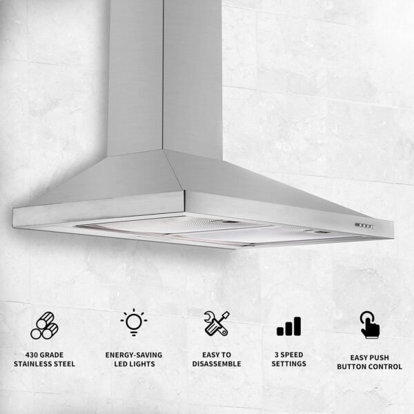 Wall Mount Range Hood 30 inch with Ducted/Ductless Convertible Duct, Stainless Steel Chimney-Style Over Stove Vent Hood with LED Light, 3 Speed Exhaust Fan, 450 CFM