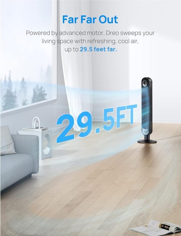 Dreo Tower Fan for Bedroom，90° Oscillating Standing Fan, 25ft/s, 28dB Quiet for Sleep, 6 Speeds, 4 Modes, 12H Timer, 42 Inch, Bladeless, Remote, for Home, Office, Room, Cruiser Pro T1