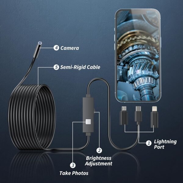 Endoscope Camera with Light,1920P HD Borescope Tools with 8 Adjustable LED Lights, Endoscope with Semi-Rigid Snake Camera, IP67 Waterproof Inspection Borescope for iOS and Android-16.4ft Single Lens
