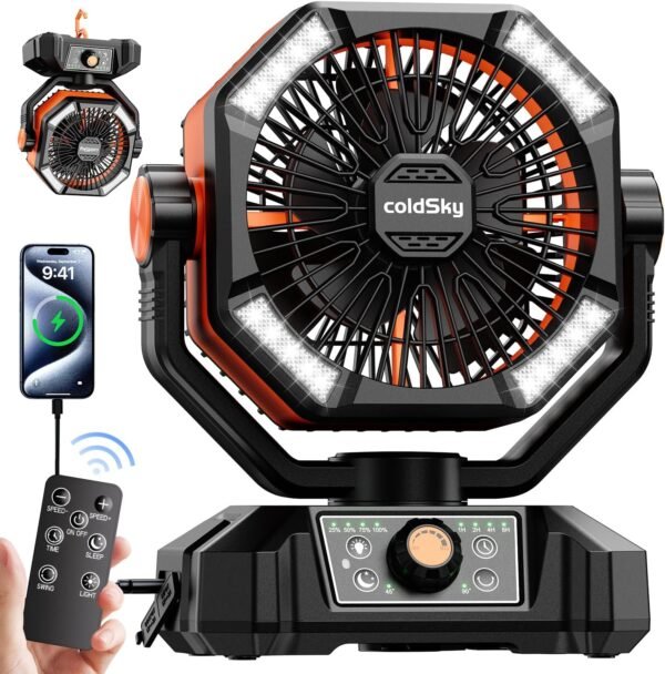 𝟮𝟬𝟬𝟬𝟬𝗺𝗔𝗵 Camping Fan with 𝗗𝘂𝗮𝗹 𝗠𝗼𝘁𝗼𝗿, Battery Operated Fan with 4 LED Lantern, 8 Speeds Desk Fan with Remote, Portable Outdoor Fan with Hook for Tent, Power Outages, Jobsite