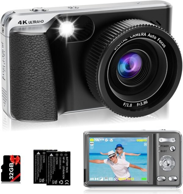 Autofocus Digital Camera for Photography 4K 48MP Macro Kids Digital Camera for YouTube with SD Card 18X Digital Zoom,Flash, Anti-Shake,2 Batteries