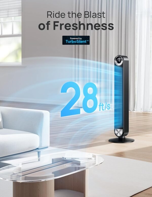 Dreo Tower Fan for Bedroom, Upgrated DC 9 Speeds Ultra-Quiet Floor Fan, 90° Oscillating Fans for Indoors with 28ft/s Velocity, 12H Timer, Standing Fans, Bladeless Fan Powerful for Home Office Room