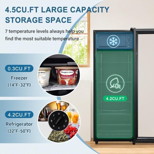 Beverage Refrigerator 4.5Cu.ft Mini Small Fridge 120 Cans with Glass Door Drink/Wine/Beer Cooler Office/Bar/Bedroom Compact Refrigerator