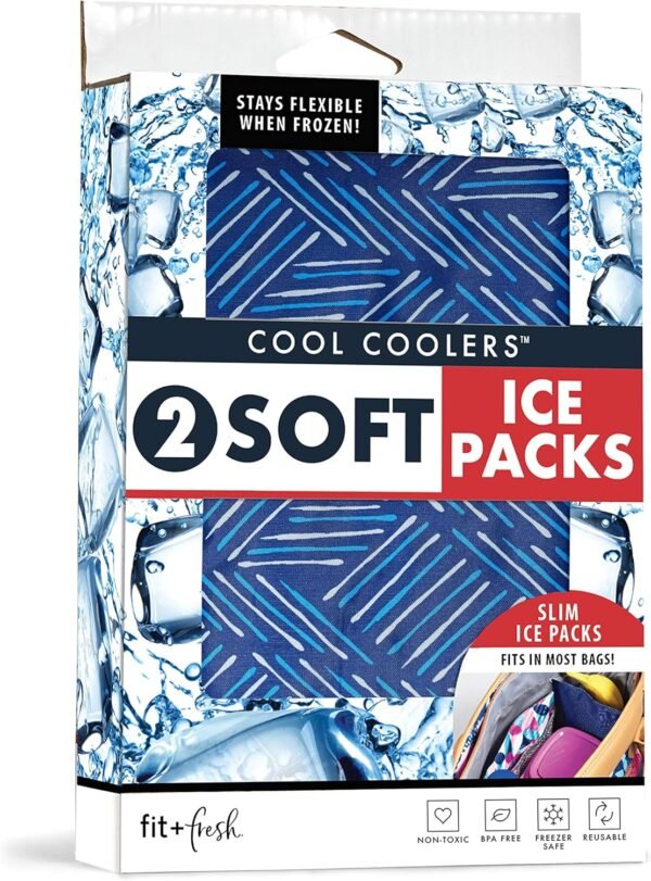 Cool Coolers by Fit & Fresh 2 Pack Soft Ice, Flexible Stretch Nylon Reusable Ice Packs for Lunch Boxes & Coolers, Navy Sketch Weave & Blue
