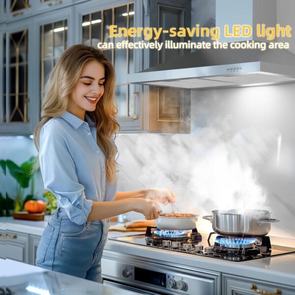 FIREGAS Range Hood 30 inch Wall Mount with Ducted/Ductless Convertible, 450 CFM Stainless Steel Chimney-Style Kitchen Hood, Over Stove Vent Hood with 3 Speed Fan, LED Light, Charcoal Filters