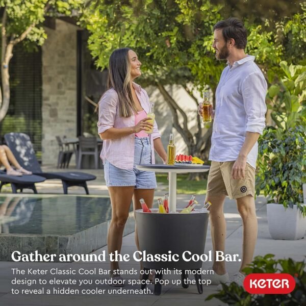 Keter Modern Cool Bar Outdoor Patio Furniture and Hot Tub Side Table with 7.5 Gallon Beer and Wine Cooler, Dark Grey