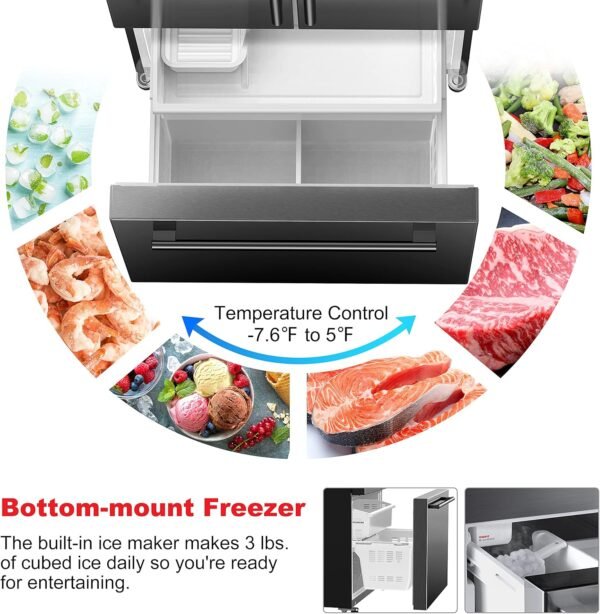 Galanz GLR18FS5S16 French Door Refrigerator with Installed Ice Maker and Bottom Freezer Adjustable Electrical Thermostat Control, Frost Free, Energy Star Certified, Stainless Steel, 18 Cu Ft