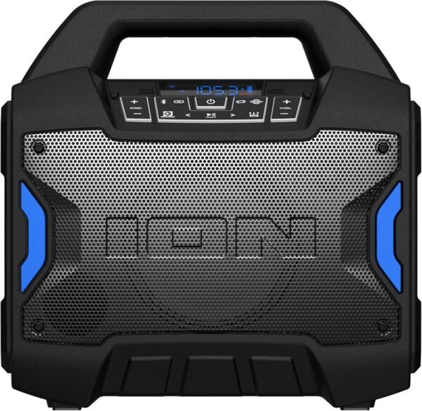 ION Tailgater Boom - Outdoor Portable Bluetooth Speaker with Mic in, FM Radio, USB Port, Battery, IPX5 Water-Resistant, Wireless Stereo-Link, App, 60W
