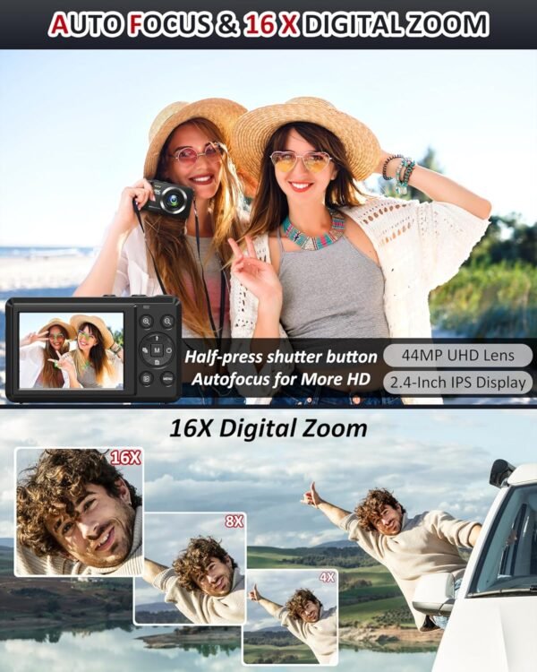 Digital Camera - 4K 44MP UHD Digital Cameras for Photography - Autofocus Point and Shoot Vlogging Camera with 16X Zoom, 32GB SD Card, 2 Batteries - Compact Small Cameras for Kids Teens Boys Girls