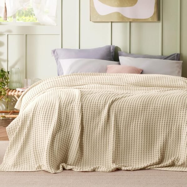 Bedsure Cooling Cotton Waffle King Size Blanket - Lightweight Breathable Christmas Blanket of Rayon Derived from Bamboo for Hot Sleepers, Luxury Throws for Bed, Couch and Sofa, Beige, 104x90 Inches